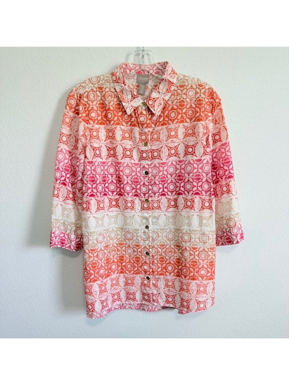 Chico's 3/4 Sleeve Button Up Collared Multicolor Geo Shirt Size 0 (S)